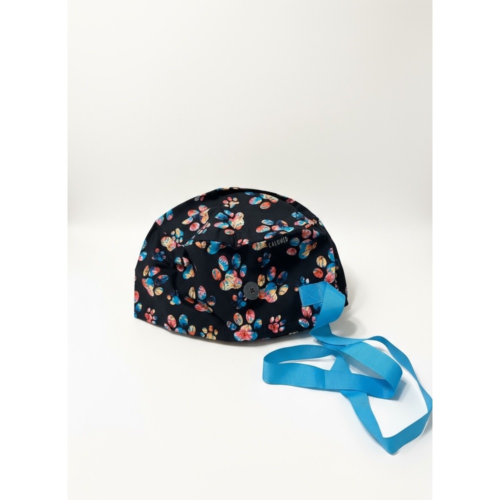 Calomed Surgical Scrub Cap Buttons Paw Print Multi Color Tie Back